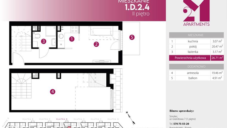 Rzut - Mieszkanie na sprzedaż 2 pokoje o powierzchni 46,17 m² - numer 1.D.2.4 w 2M Apartments etap IV