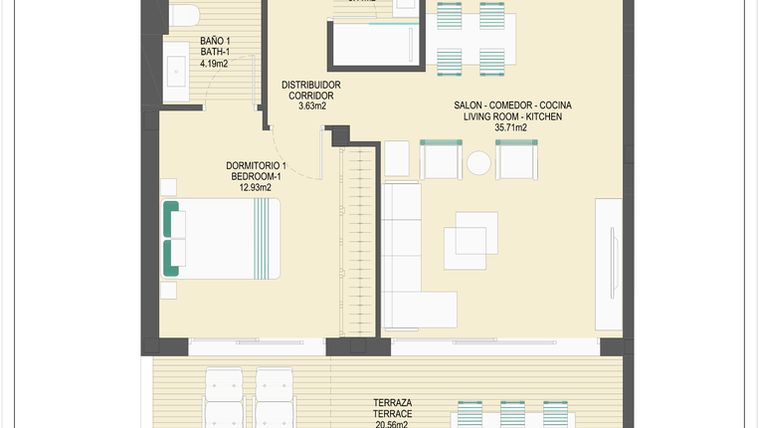 Rzut - Mieszkanie na sprzedaż 3 pokoje o powierzchni 91,3 m² - numer B61A w Arrecife by UrbinCasa