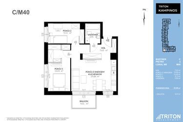 Rzut - Mieszkanie na sprzedaż 3 pokoje o powierzchni 53,98 m² - numer C_M40 w Triton Kampinos Klatka B i C