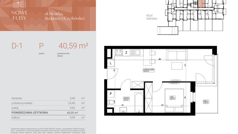 Rzut - Mieszkanie na sprzedaż 2 pokoje o powierzchni 40,59 m² - numer M1_NF.d w Nowe Flisy II