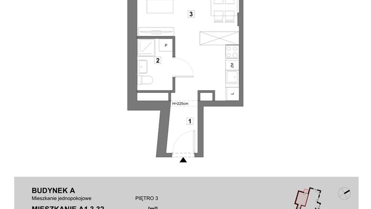 Rzut - Mieszkanie na sprzedaż 1 pokój o powierzchni 28 m² - numer A1.3.32 w ATAL Grabiszyn