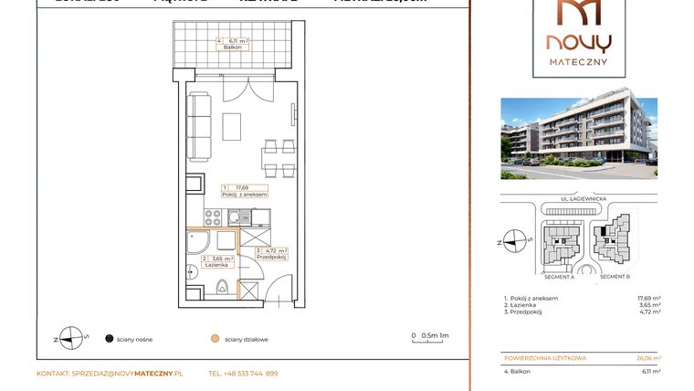 Rzut - Mieszkanie na sprzedaż 1 pokój o powierzchni 26,06 m² - numer B30 w Novy Mateczny