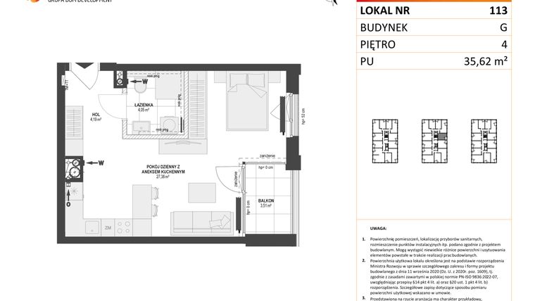 Rzut - Mieszkanie na sprzedaż 1 pokój o powierzchni 35,62 m² - numer G.113 w DOKI etap II (bud. G)