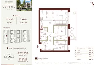 Rzut - Mieszkanie na sprzedaż 3 pokoje o powierzchni 49,92 m² - numer K.M.1.02 w Sereno Park