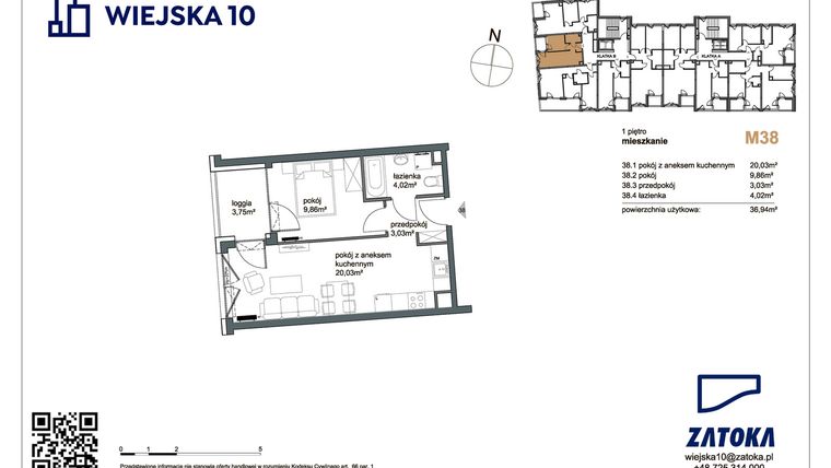 Rzut - Mieszkanie na sprzedaż 2 pokoje o powierzchni 36,94 m² - numer M38 w Wiejska 10