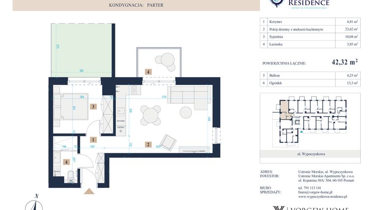Rzut - Mieszkanie na sprzedaż 2 pokoje o powierzchni 42,32 m² - numer 9 w Wypoczynkowa Residence