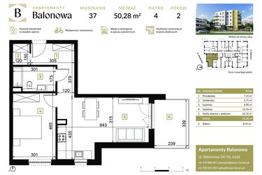 Rzut - Mieszkanie na sprzedaż 2 pokoje o powierzchni 50,28 m² - numer 37 w Apartamenty Balonowa