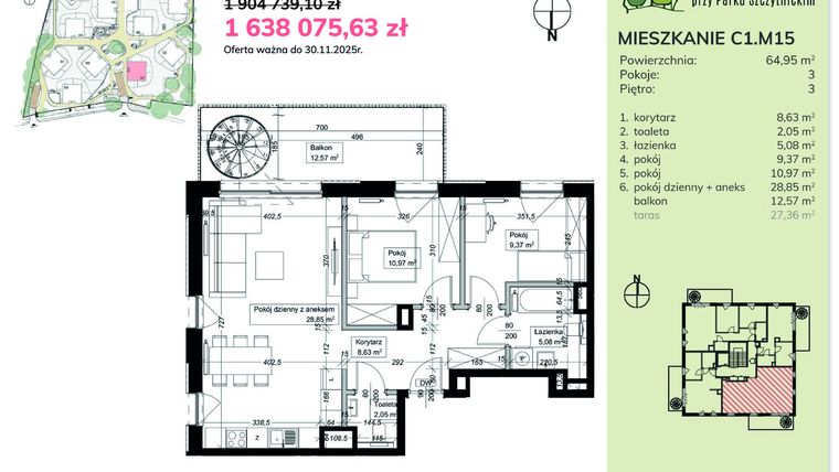 Rzut - Mieszkanie na sprzedaż 3 pokoje o powierzchni 64,91 m² - numer C1.M15 w Apartamenty przy Parku Szczytnickim