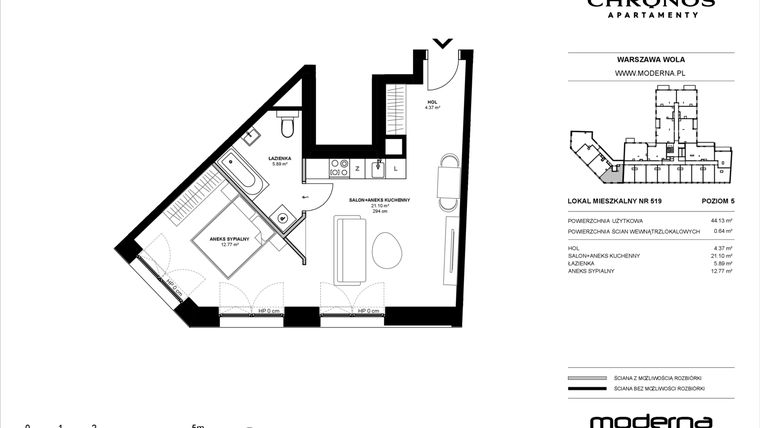 Rzut - Mieszkanie na sprzedaż 2 pokoje o powierzchni 44,13 m² - numer 519 w Chronos etap II