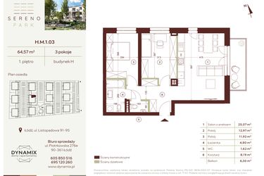 Rzut - Mieszkanie na sprzedaż 3 pokoje o powierzchni 64,57 m² - numer H.M.1.03 w Sereno Park