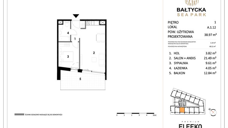 Rzut - Mieszkanie na sprzedaż 2 pokoje o powierzchni 38,97 m² - numer A.1.12 w Bałtycka Sea Park