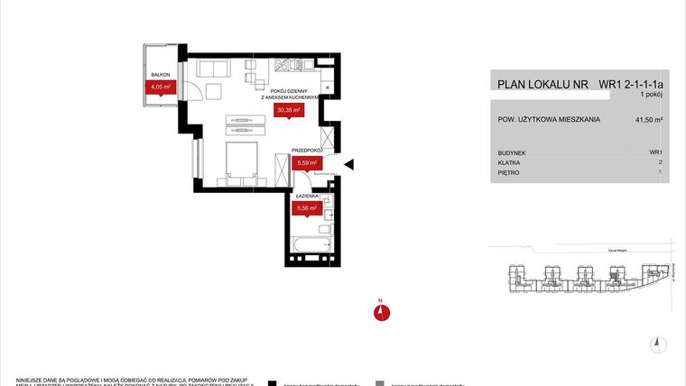 Rzut - Mieszkanie na sprzedaż 1 pokój o powierzchni 41,5 m² - numer WR1 2/1/1/1a w Przystań Reymonta