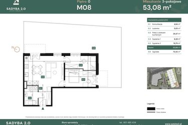 Rzut - Mieszkanie na sprzedaż 3 pokoje o powierzchni 53,08 m² - numer M08 w Sadyba 2.0