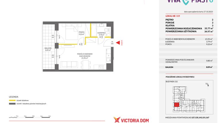 Rzut - Mieszkanie na sprzedaż 2 pokoje o powierzchni 35,77 m² - numer 119 w Viva Piast 6