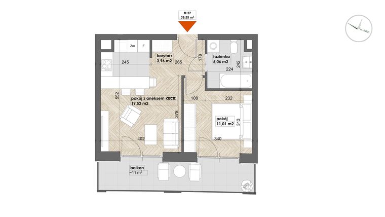 Rzut - Mieszkanie na sprzedaż 2 pokoje o powierzchni 39,55 m² - numer 37 w Apartamenty Śródmieście