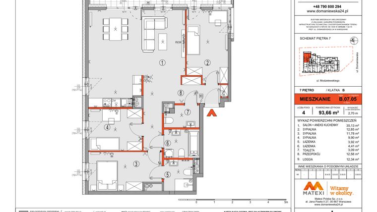 Rzut - Mieszkanie na sprzedaż 4 pokoje o powierzchni 93,66 m² - numer B.07.05 w Domaniewska 24