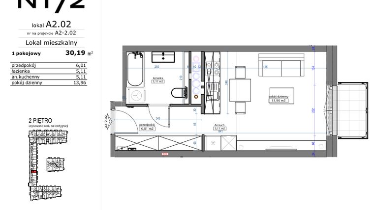 Rzut - Mieszkanie na sprzedaż 1 pokój o powierzchni 30,19 m² - numer A2.02 w Naramowicka 172