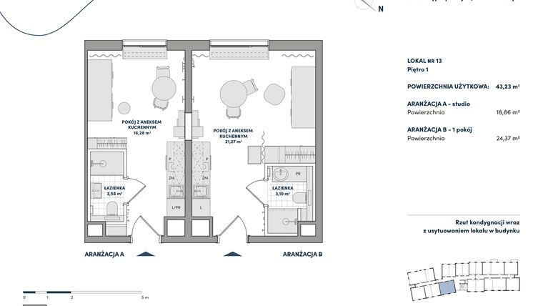 Rzut - Mieszkanie na sprzedaż 2 pokoje o powierzchni 43,23 m² - numer 13 w AtHome - Apartamenty inwestycyjne