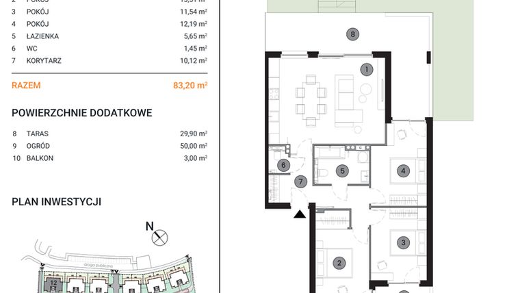 Rzut - Mieszkanie na sprzedaż 4 pokoje o powierzchni 83,2 m² - numer 12.2 w Wille Miejskie Lekcyjna