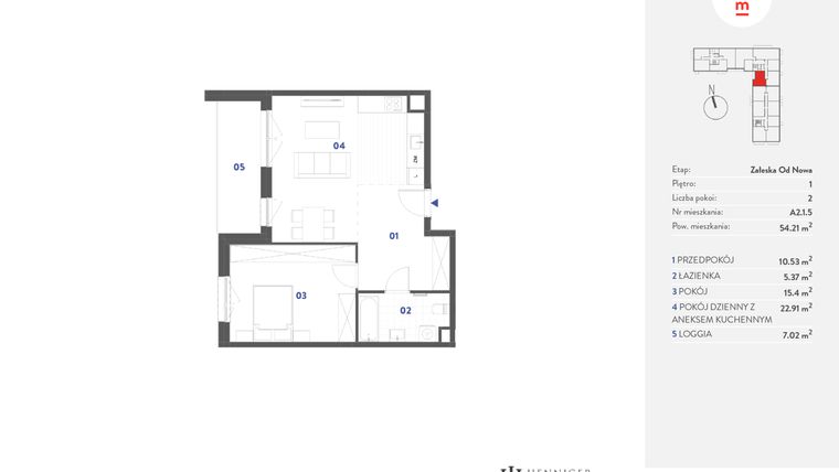Rzut - Mieszkanie na sprzedaż 2 pokoje o powierzchni 54,21 m² - numer A2.1.5 w Mieszkaj w mieście Załęska od Nowa