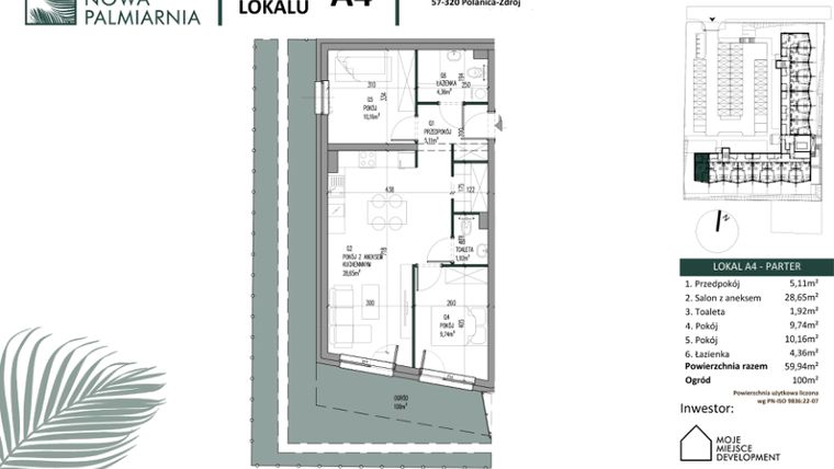 Rzut - Mieszkanie na sprzedaż 3 pokoje o powierzchni 59,94 m² - numer A04 w Nowa Palmiarnia