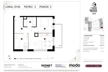 Rzut - Mieszkanie na sprzedaż 3 pokoje o powierzchni 51,08 m² - numer D145 w Osiedle Witaj etap II