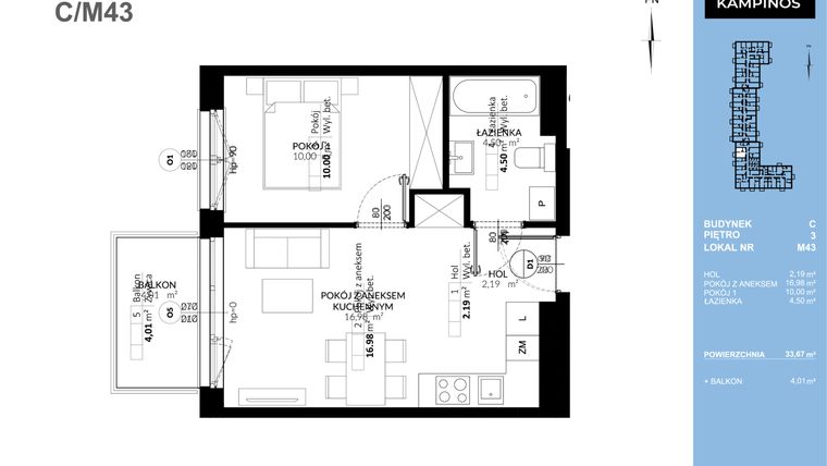 Rzut - Mieszkanie na sprzedaż 2 pokoje o powierzchni 33,67 m² - numer C_M43 w Triton Kampinos Klatka B i C