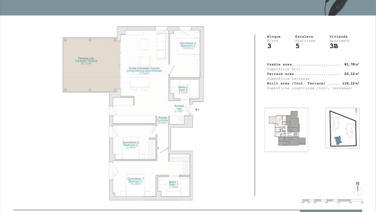 Rzut - Mieszkanie na sprzedaż 3 pokoje o powierzchni 81 m² - numer 3.3B w Talasa Caelus -  Denia