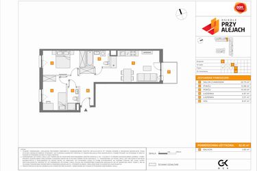 Rzut - Mieszkanie na sprzedaż 3 pokoje o powierzchni 62,43 m² - numer B84 w Osiedle Przy Alejach etap 2