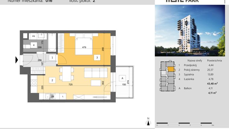 Rzut - Mieszkanie na sprzedaż 2 pokoje o powierzchni 43,48 m² - numer 16 w Dworzysko Park - Etap III