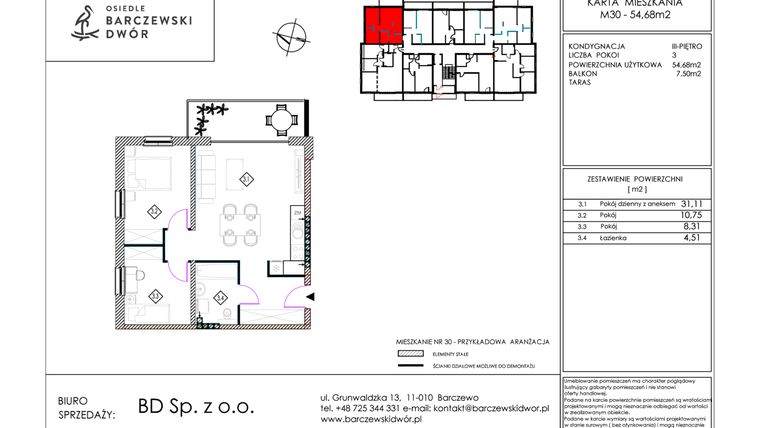 Rzut - Mieszkanie na sprzedaż 3 pokoje o powierzchni 54,68 m² - numer M30 w Osiedle Barczewski Dwór etap III