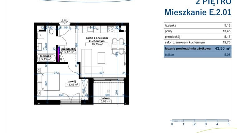 Rzut - Mieszkanie na sprzedaż 2 pokoje o powierzchni 43,5 m² - numer E.2.01 w Wzgórze Poetów 2