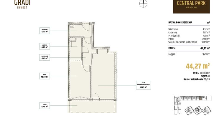 Rzut - Mieszkanie na sprzedaż 2 pokoje o powierzchni 44,62 m² - numer 12.99 w Apartamenty Central Park Wrocław