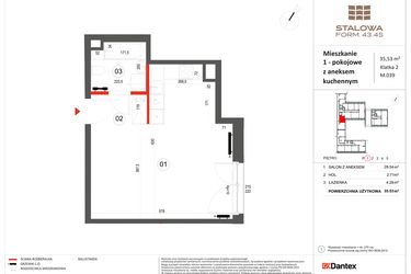 Rzut - Mieszkanie na sprzedaż 1 pokój o powierzchni 35,53 m² - numer 39 w Stalowa Form 43.45