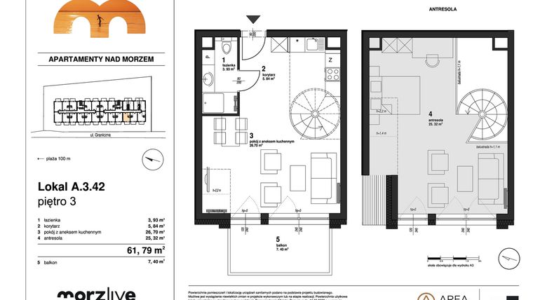 Rzut - Mieszkanie na sprzedaż 2 pokoje o powierzchni 61,79 m² - numer A.3.42 w Morzlive