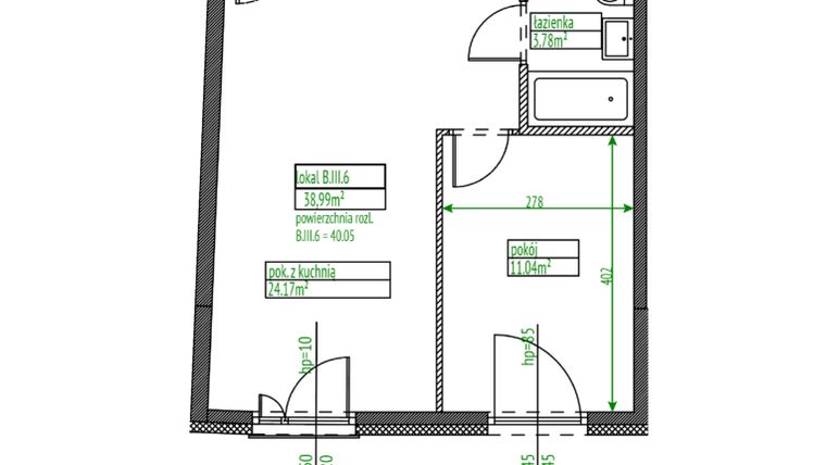 Rzut - Mieszkanie na sprzedaż 2 pokoje o powierzchni 38,99 m² - numer B.III.6 w Osiedle Opolska