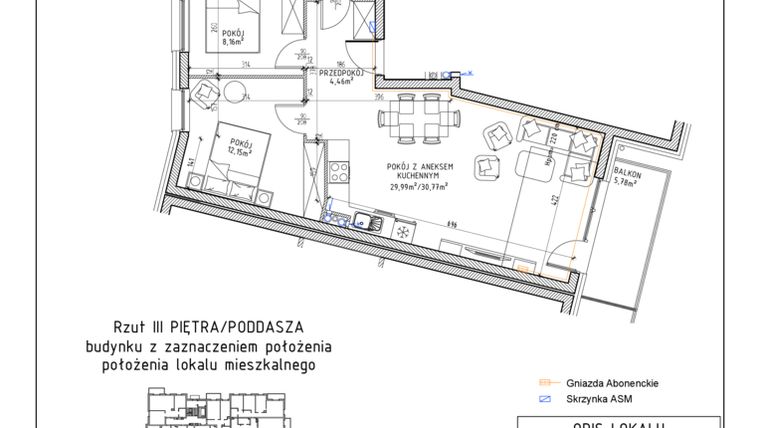 Rzut - Mieszkanie na sprzedaż 3 pokoje o powierzchni 59,87 m² - numer 36 w Osiedle Sady bud. E4