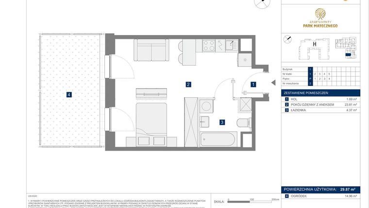 Rzut - Mieszkanie na sprzedaż 1 pokój o powierzchni 29,87 m² - numer I2 w Apartamenty Park Matecznego Etap 2.2