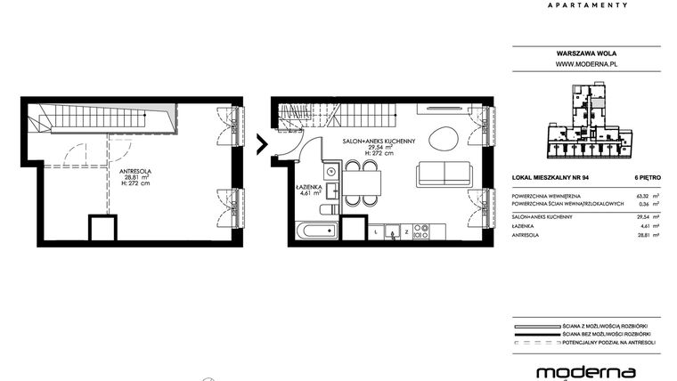 Rzut - Mieszkanie na sprzedaż 2 pokoje o powierzchni 63,32 m² - numer 94 w Chronos