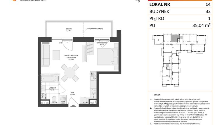 Rzut - Mieszkanie na sprzedaż 1 pokój o powierzchni 35,04 m² - numer 14 w Locus 2 bud. B2