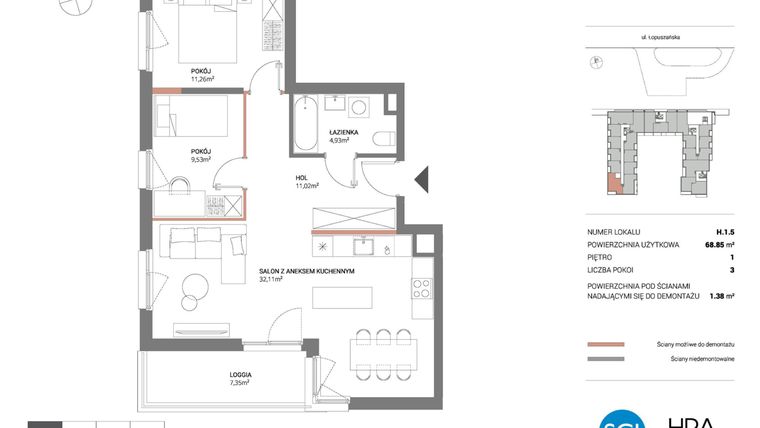 Rzut - Mieszkanie na sprzedaż 3 pokoje o powierzchni 68,85 m² - numer H.1.5 w Łopuszańska 47 - etap 3