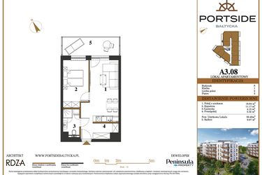 Rzut - Mieszkanie na sprzedaż 2 pokoje o powierzchni 39,48 m² - numer A3.08 w Portside Bałtycka