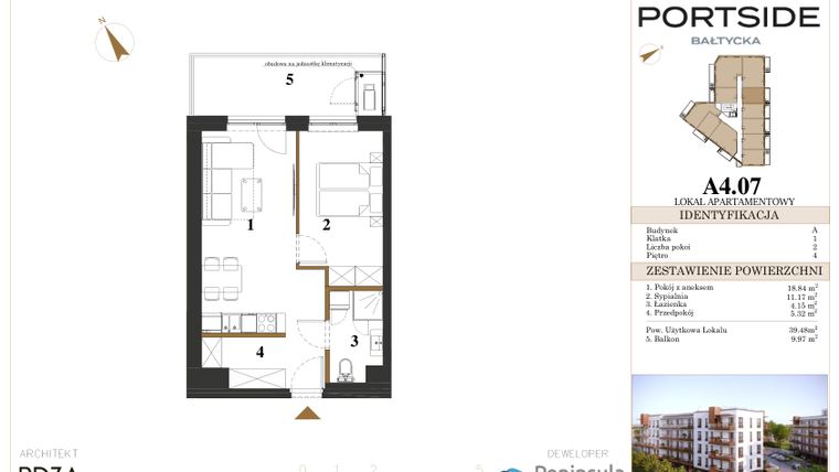Rzut - Mieszkanie na sprzedaż 2 pokoje o powierzchni 39,48 m² - numer A4.07 w Portside Bałtycka