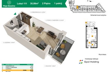 Rzut - Mieszkanie na sprzedaż 1 pokój o powierzchni 30,99 m² - numer M111 w Moja Skawina