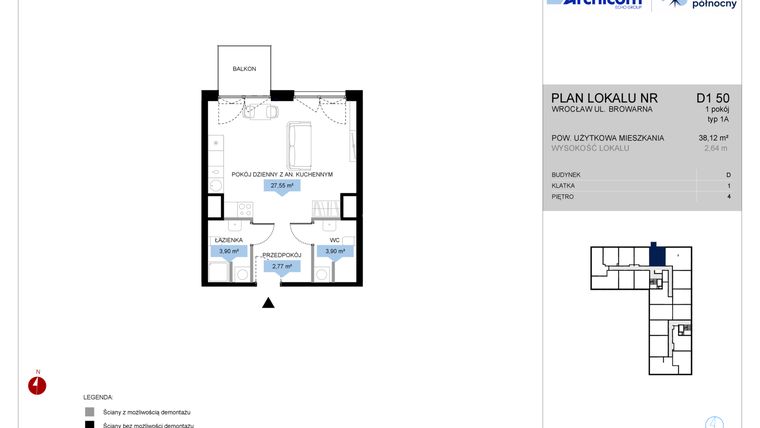 Rzut - Mieszkanie na sprzedaż 1 pokój o powierzchni 38,12 m² - numer D1.50 w Bulwar Północny