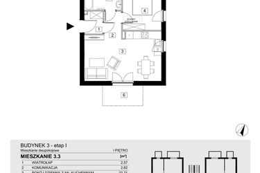 Rzut - Mieszkanie na sprzedaż 2 pokoje o powierzchni 43,47 m² - numer 3.3 w Jasieny