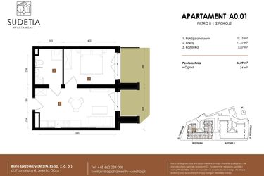 Rzut - Mieszkanie na sprzedaż 2 pokoje o powierzchni 36,29 m² - numer A 0.01 w Apartamenty Sudetia