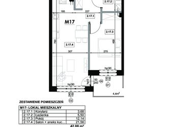 Rzut - Mieszkanie na sprzedaż 2 pokoje o powierzchni 42,88 m² - numer M17 w Miejska Premium II