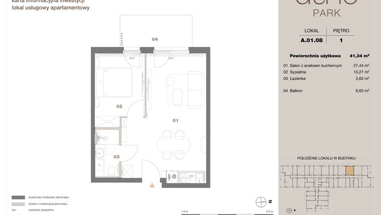 Rzut - Mieszkanie na sprzedaż 2 pokoje o powierzchni 41,34 m² - numer A 01.08 w DUNE Park