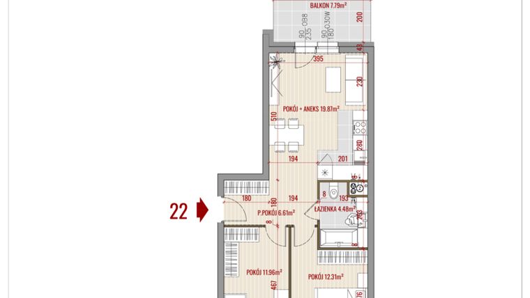 Rzut - Mieszkanie na sprzedaż 3 pokoje o powierzchni 55,23 m² - numer 22 w Zalesie